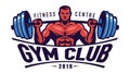 Gym club, Bodybuilding logo or sports emblem. Muscular athletic man with barbell. Fitness badge vector illustration Royalty Free Stock Photo