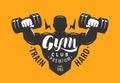 Gym club logo. Sport, bodybuilding emblem. Lettering vector illustration