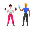 Gym coach. Cartoon fitness trainer helps girl workout. Instructor teaches woman doing sport exercise correctly. Female