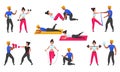 Gym coach. Personal workout fitness trainer, cartoon characters doing sport exercises and cardio and weightlifting