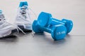 Gym concept with running sneakers and weights for wellness lifestyle