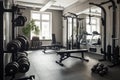 gym with different types of fitness equipment, including dumbbells, barbells, and machines