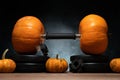 Gym dumbbell barbell with autumn pumpkins as a weight plates. Royalty Free Stock Photo