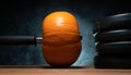 Gym dumbbell barbell with autumn pumpkins as a weight plates. Royalty Free Stock Photo