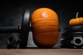 Gym dumbbell barbell with orange pumpkin as a weight plate. Royalty Free Stock Photo