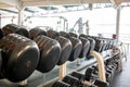 Gym dumbbell rack with different weights Royalty Free Stock Photo