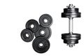 Gym dumbbells with black metal weights 1kg and 2kg, isolated on white background with clipping path. Top view, flat lay. Can be us