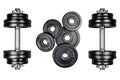 Gym dumbbells with black metal weights 1kg and 2kg, isolated on white background with clipping path. Top view, flat lay. Can be us Royalty Free Stock Photo