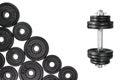 Gym dumbbells with black metal weights 1kg and 2kg, isolated on white background with clipping path. Top view, flat lay. Can be us