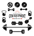 Gym equipment collection. Monochrome style of designed elements. Sports accessories set. Vector fitness equipment