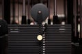 Gym equipment fot lifting weights. metal, stack, modern mechine; Royalty Free Stock Photo