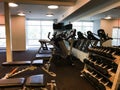 Gym equipment including treadmills and free weights