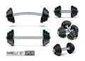 Gym equipment set. Fitness sport, heavy weight barbells and bodybuilding dumbbells