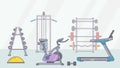 Gym equipment set. Various fitness accessories collection. Bodybuilding and crossfit equipement isolated. Flat style.