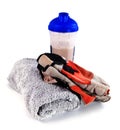 Gym equipment: towel, gloves, postworkout drink