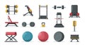 Gym equipment vector illustration with dumbbell, bench and exercise ball on white background Royalty Free Stock Photo