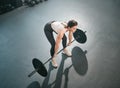 Gym exercise, barbell deadlift and woman doing muscle fitness performance, workout or body building. Strong girl, health Royalty Free Stock Photo