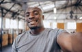 Gym, exercise and selfie portrait of black man smile for motivation, wellness and bodybuilder workout. Smile, strong Royalty Free Stock Photo