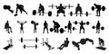 Gym Exercises silhouettes Vector Illustration. Bodybuilder and Gym Elements Silhouette Set.