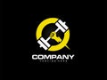 Gym and fitness logo inspiration with lighting hand and barbell or iron dumbell elements in bold circle shape. a symbol of strong