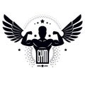 Gym and fitness logo template, retro stylized vector emblem or badge with wings. Royalty Free Stock Photo