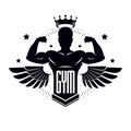 Gym and fitness logo template, retro stylized vector emblem or b Royalty Free Stock Photo