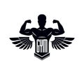 Gym and fitness logo template, retro stylized vector emblem or b Royalty Free Stock Photo