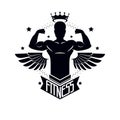 Gym and fitness logo template, retro  vector emblem or badge with wings. With bodybuilder silhouette Royalty Free Stock Photo