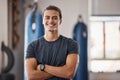 Gym, fitness and portrait of proud man standing with smile, motivation, health and energy for training. Coach, personal Royalty Free Stock Photo