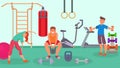 Gym with fitness, sport equipment for training and people vector illustration. Royalty Free Stock Photo