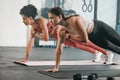 Gym floor, health and exercise woman doing arm plank workout, performance training or core muscle building. Body self Royalty Free Stock Photo