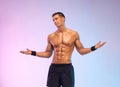 Man athlete isolated on pink background. Gym full body workout. Muscular man athlete in fitness gym have havy workout