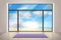 Gym glass. Realistic room with big glass window. Empty fitness gym interior with exercise carpet and wooden floor vector