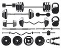 Gym heavy weight equipment. Fitness dumbbell and barbell silhouettes, bodybuilding heavy weight vector icons set Royalty Free Stock Photo