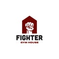 Gym house logo with hand boxing punch icon design, house of fighter concept Illustration in trendy minimal simple vector