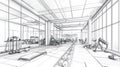 Modern Gym Interior Sketch with Weights, Machines, and Large Windows Royalty Free Stock Photo