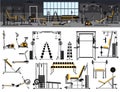 Gym interior icon set.Fitness center design in flat style with power rack,Bench Press, Pull-Down, Pec Deck, Dumbbells, Exercise