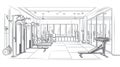 Gym interior with diverse weight training equipment, sketch style. Royalty Free Stock Photo