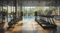 Gym Interior With Treadmills, Exercise Bikes And Swimming Pool. Generative AI