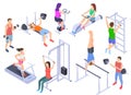 Gym isometric. Fitness people training, physical workout exercise. Young human coach, sports equipment 3d vector