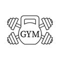 Gym logo. Kettlebell and two crossed barbells. Isolated outline vector illustration