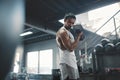 Gym. Man Lifting Dumbbell. Portrait Of Sexy Asian Sportsman Training At Fitness Center.