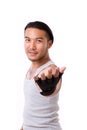 gym personal trainer giving you a welcoming invitation hand gesture