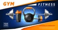 Gym realistic poster. Sport accessories kettlebell and barbell, shaker and dumbbell, bodybuilding devices, advertising