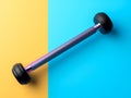 Gym rod or fitness rod on colored background. Purple metal barbell with black disks isolated on yellow blue background. Pro sport