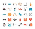 gym sport fitness exercise workout equipment set icons, flat style Royalty Free Stock Photo