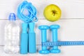 Gym tools, top view. Sports equipment in cyan blue
