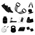 Gym and training black icons in set collection for design. Gym and equipment vector symbol stock web illustration.
