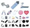 Gym and training cartoon, black icons in set collection for design. Gym and equipment vector symbol stock web