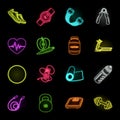 Gym and training neon icons in set collection for design. Gym and equipment vector symbol stock web illustration.